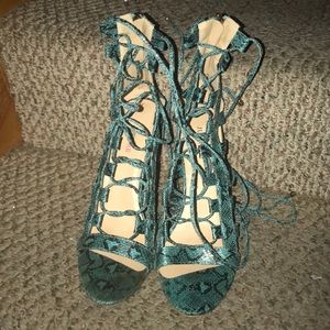 Green snake skin strappy heels w/o box